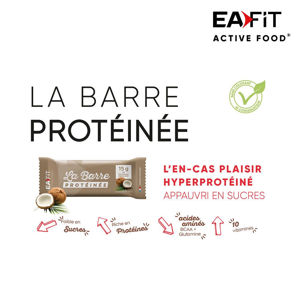 Image publicitaire avec barre protéinée. Texte: La Barre Protéinée, L'en-cas plaisir hyperprotéiné, Appauvri en sucres.