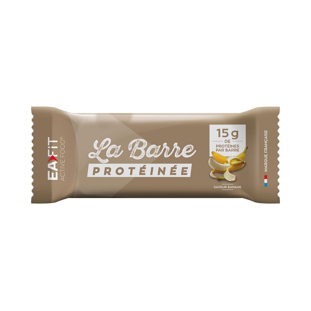 Barre protéinée emballée marron. Inscription: La Barre Protéinée, 15g protéines, saveur banane. Marque EA-FIT.