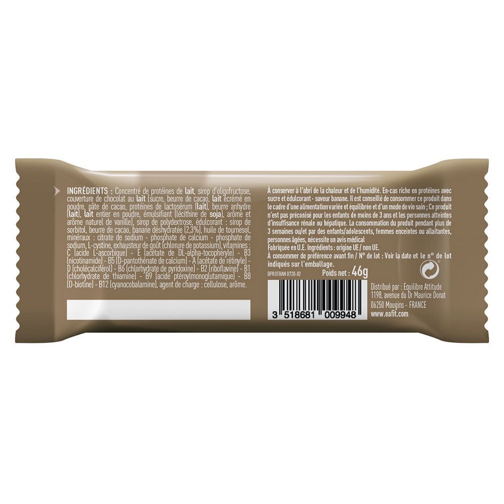 Dos de l'emballage de la barre protéinée. Contient liste ingrédients, informations nutritionnelles et fabricant. Poids: 46g.
