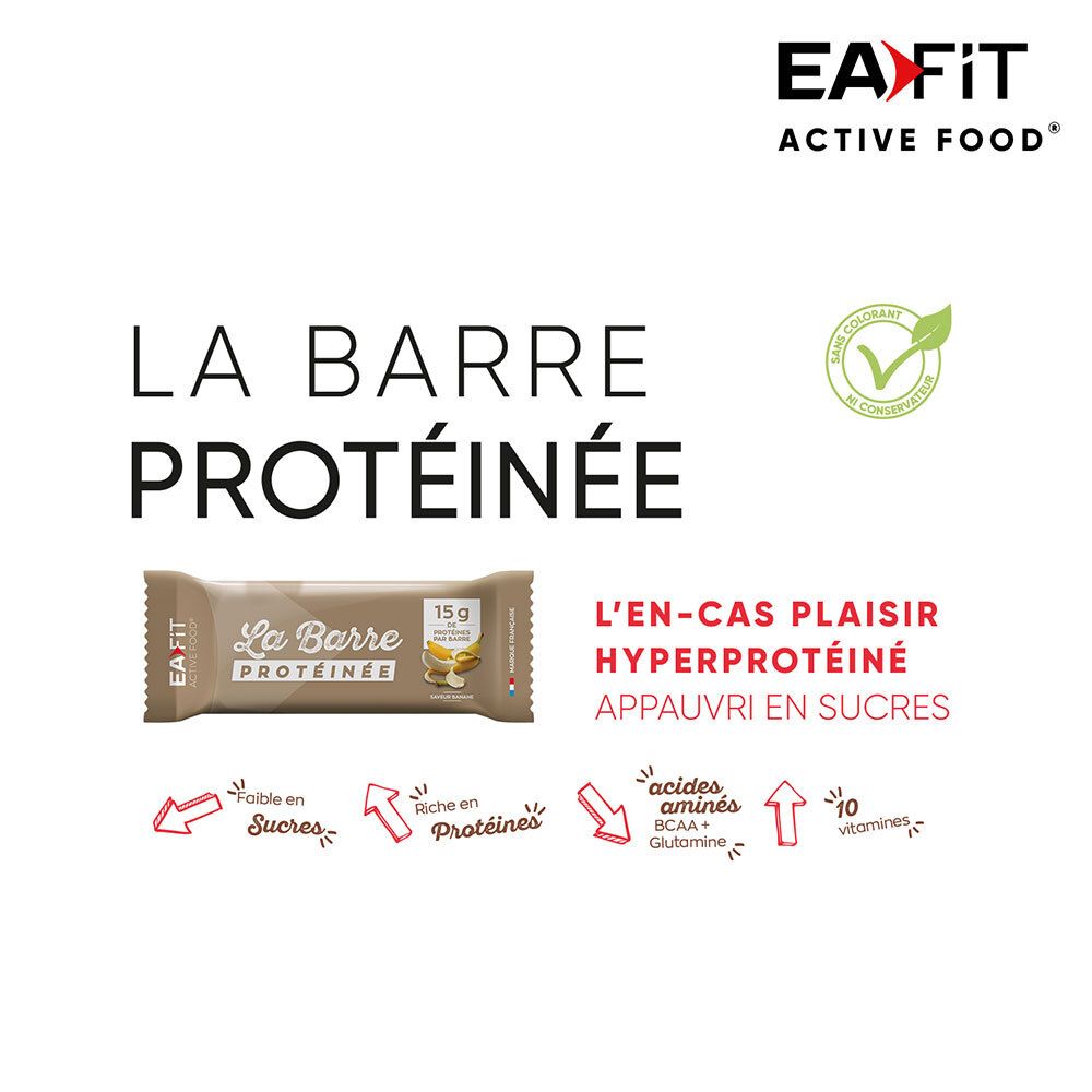 Visuel publicitaire pour barre protéinée. Texte: La Barre Protéinée, L'en-cas plaisir hyperprotéiné, Appauvri en sucres. Logo EA-FIT.