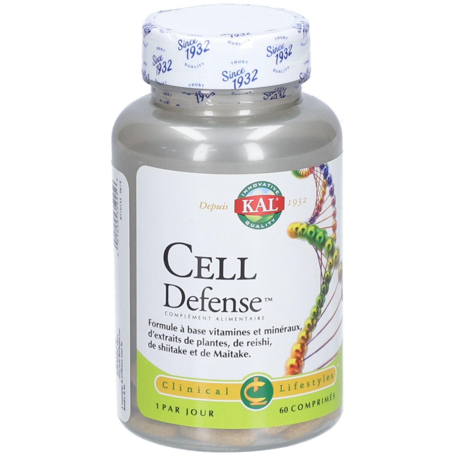 Flacon cylindrique avec couvercle blanc. Inscription: KAL CELL Defense, 60 comprimés. Contient vitamines, minéraux et extraits de plantes.