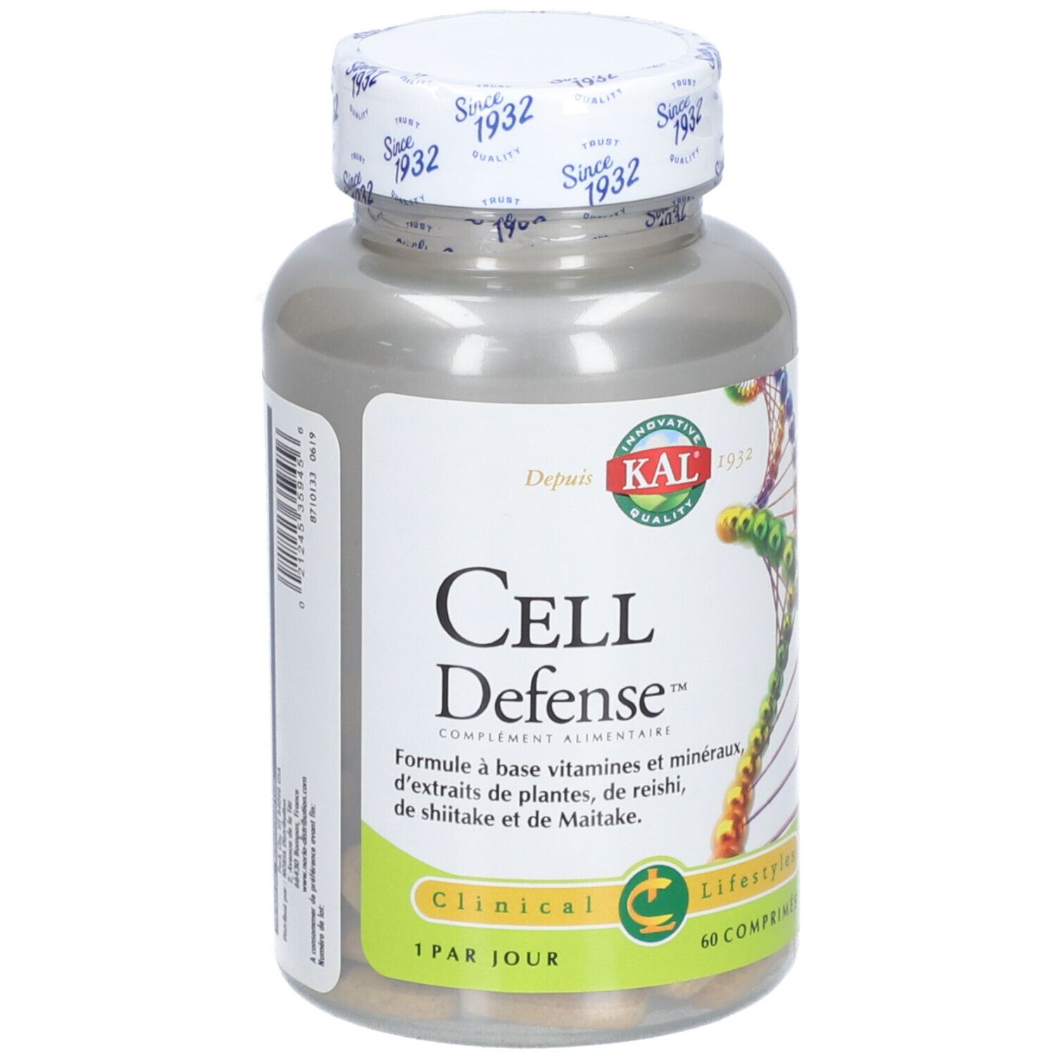 Flacon cylindrique avec couvercle blanc. Inscription: KAL CELL Defense, 60 comprimés. Contient vitamines, minéraux et extraits de plantes.