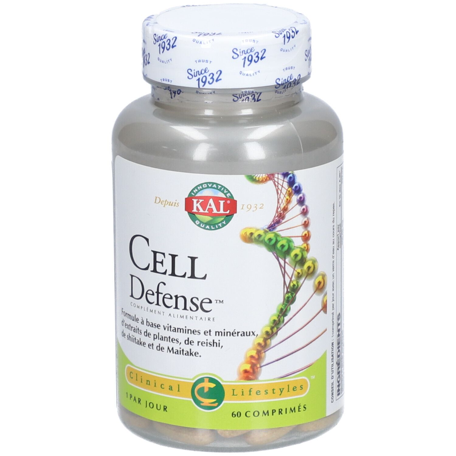 Flacon cylindrique avec couvercle blanc. Inscription: KAL CELL Defense, 60 comprimés. Contient vitamines, minéraux et extraits de plantes.