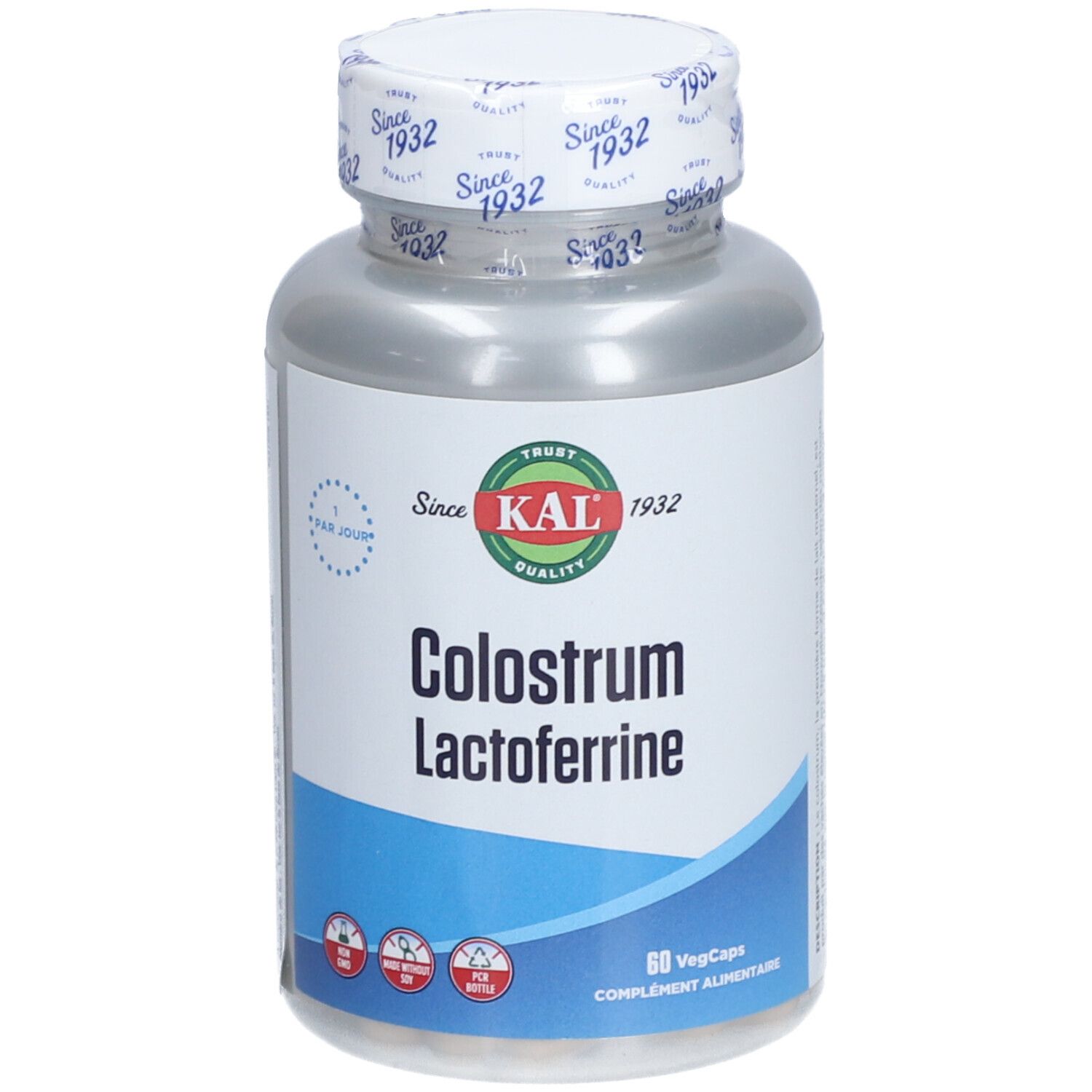 Flacon de gélules 'KAL Colostrum Lactoferrine'. Étiquette bleue et blanche. Inscription 'Since 1932' sur le couvercle.