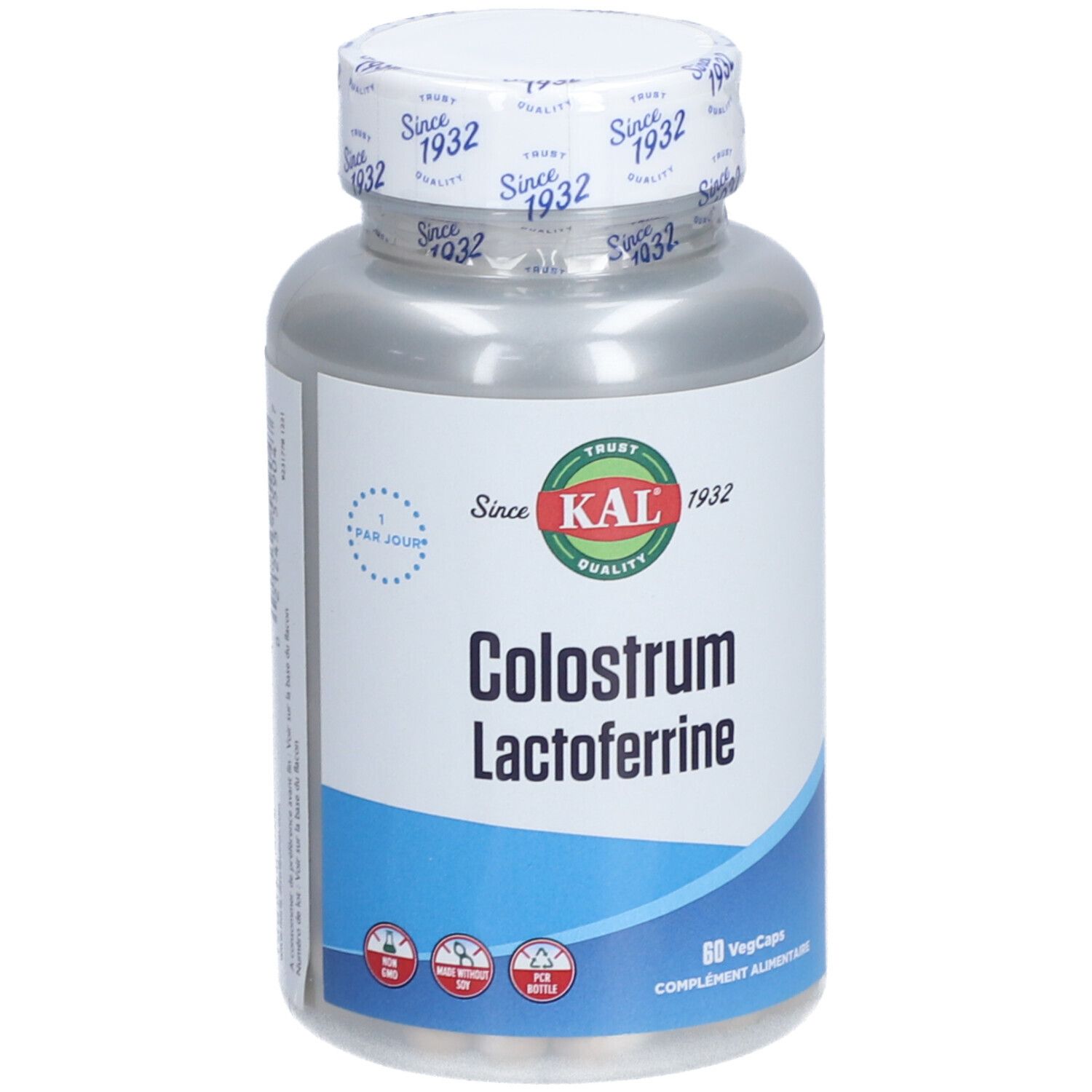 Flacon de gélules 'KAL Colostrum Lactoferrine'. Couvercle 'Since 1932'. 60 VegCaps. Étiquette bleue et blanche.