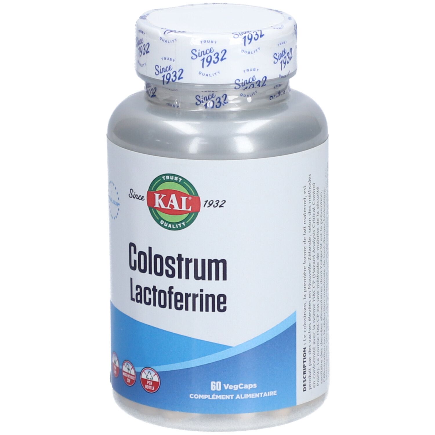 Flacon de gélules 'KAL Colostrum Lactoferrine'. 60 VegCaps. Étiquette bleue et blanche. Couvercle 'Since 1932'.