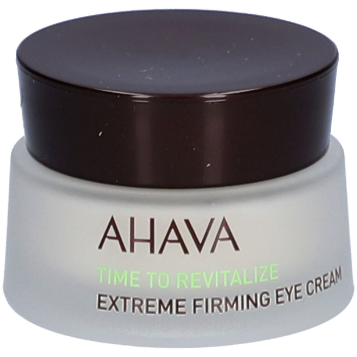 Pot de crème avec couvercle marron. Inscription : AHAVA, Time to Revitalize, Extreme Firming Eye Cream.
