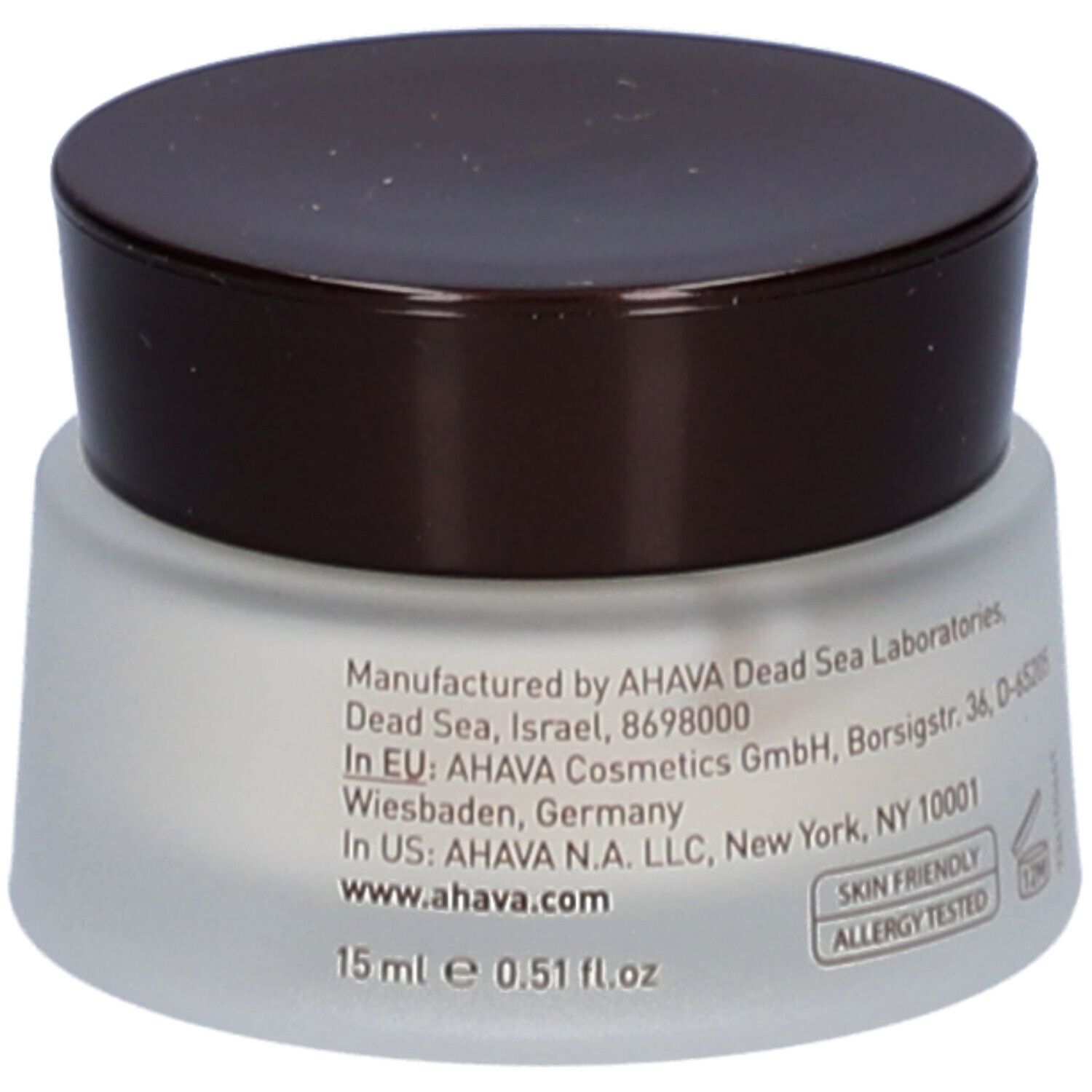 Pot de crème avec couvercle marron. Inscription : AHAVA, Time to Revitalize, Extreme Firming Eye Cream. Texte latéral.
