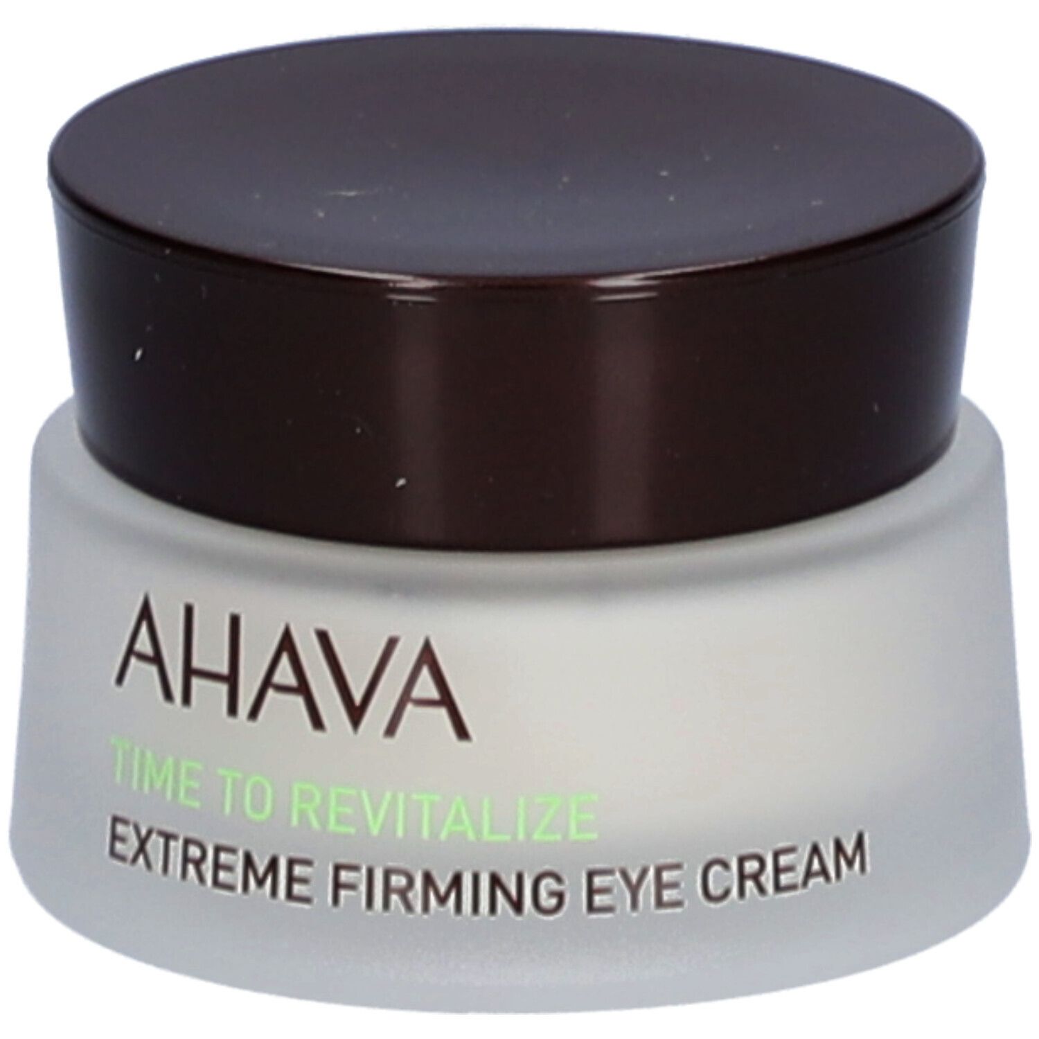 Pot de crème avec couvercle marron. Inscription : AHAVA, Time to Revitalize, Extreme Firming Eye Cream.