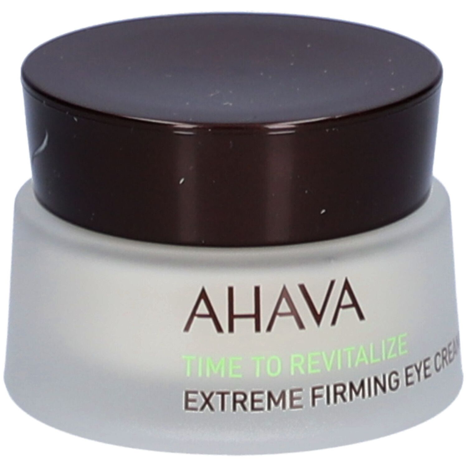 Pot de crème avec couvercle marron. Inscription : AHAVA, Time to Revitalize, Extreme Firming Eye Cream.
