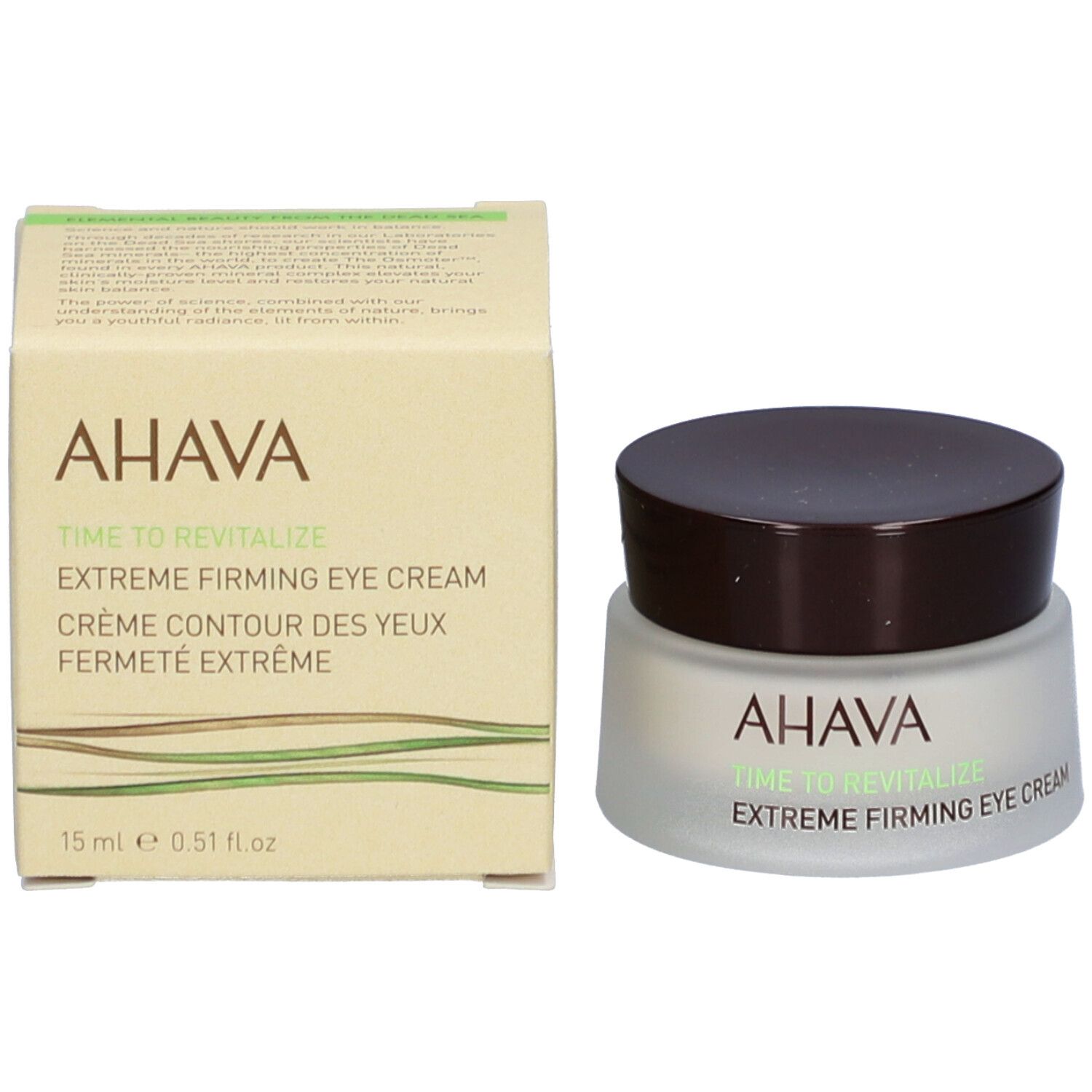 Pot de crème et boîte. Inscription : AHAVA, Time to Revitalize, Extreme Firming Eye Cream. Boîte avec texte.