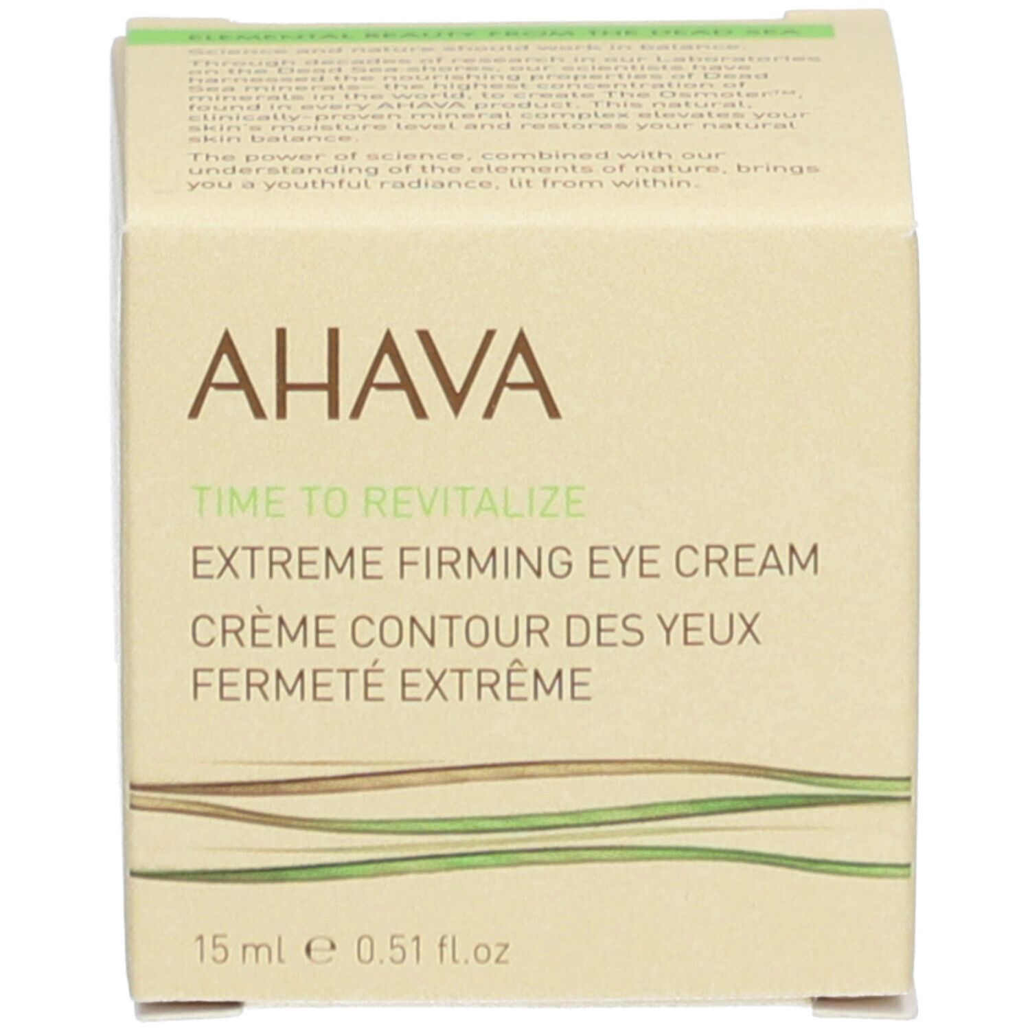 Boîte avec texte et inscription : AHAVA, Time to Revitalize, Extreme Firming Eye Cream, Crème Contour des Yeux Fermeté Extrême.