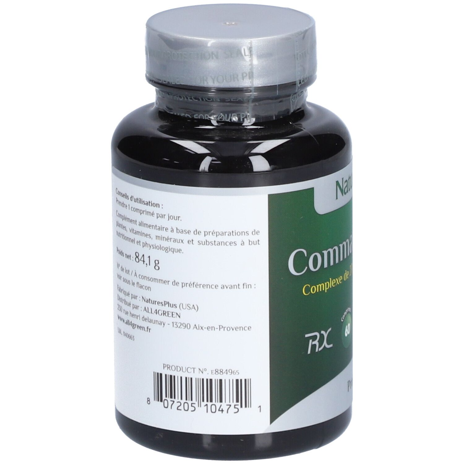Flacon noir avec étiquette verte. Texte: "NaturesPlus", "Commando", "Complexe de...", "60 comprimés".