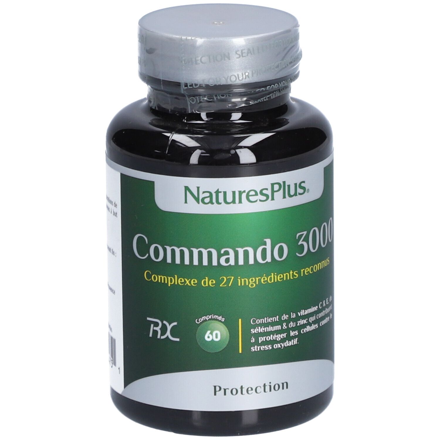 Flacon noir avec étiquette verte. Texte: "NaturesPlus", "Commando 3000", "60 comprimés".