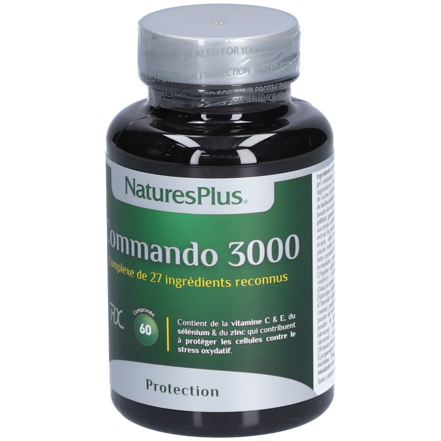 Flacon noir avec étiquette verte. Texte: "NaturesPlus", "Commando 3000", "60 comprimés".