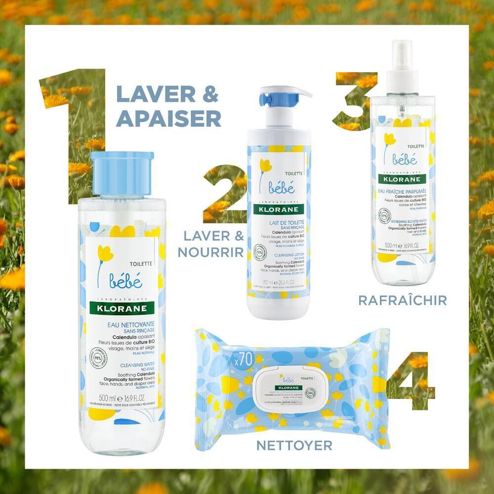 Verschiedene KLORANE Baby Produkte: Reinigungswasser, Lotion, Feuchttücher und Spray. Gelbe Blumenmuster.