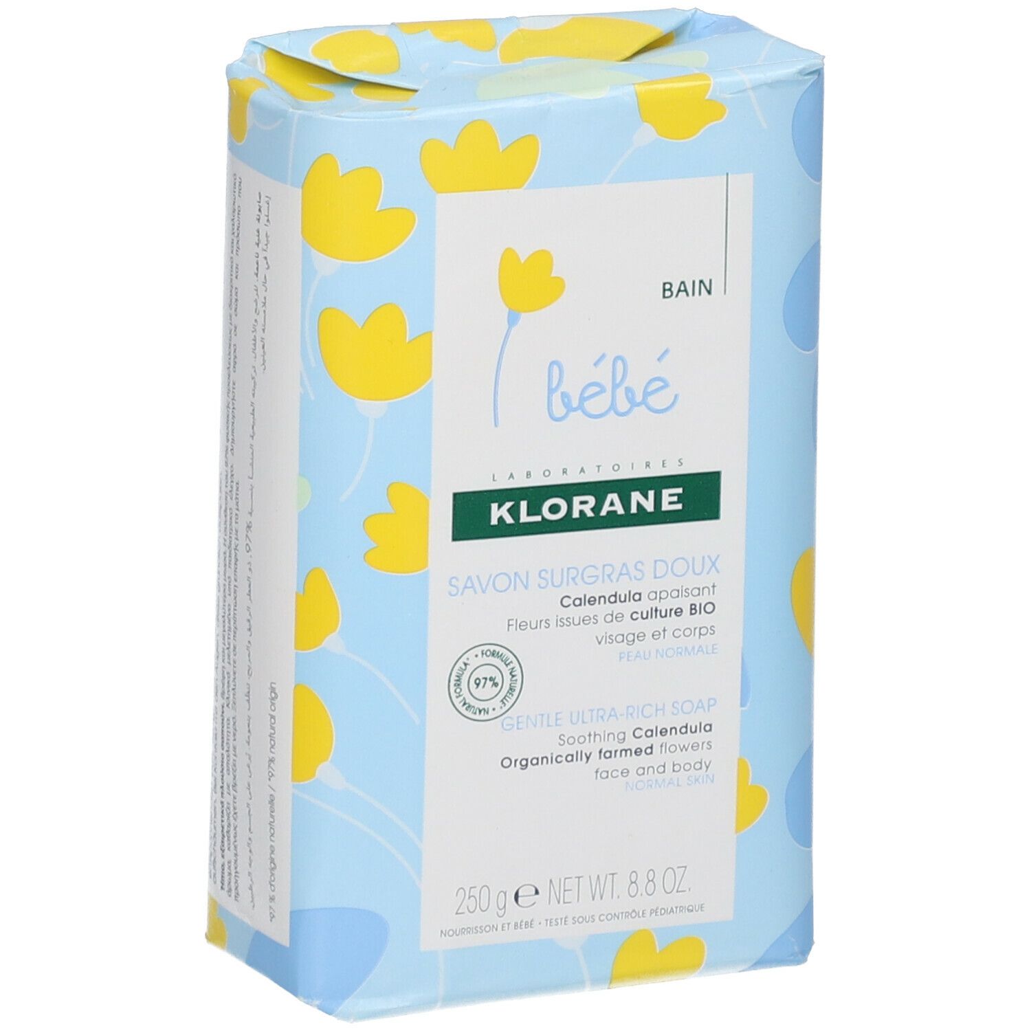 Savon emballé bleu avec fleurs jaunes. Inscription: Klorane Bébé, Savon Surgras Doux, Calendula, 250g.