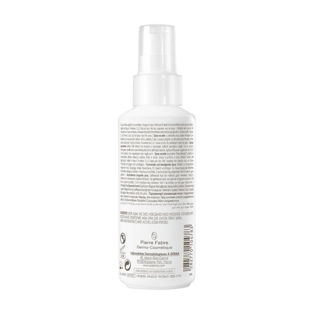 Dos du flacon de spray asséchant A-DERMA CYTELIUM. Flacon blanc avec texte. Informations du fabricant et ingrédients.