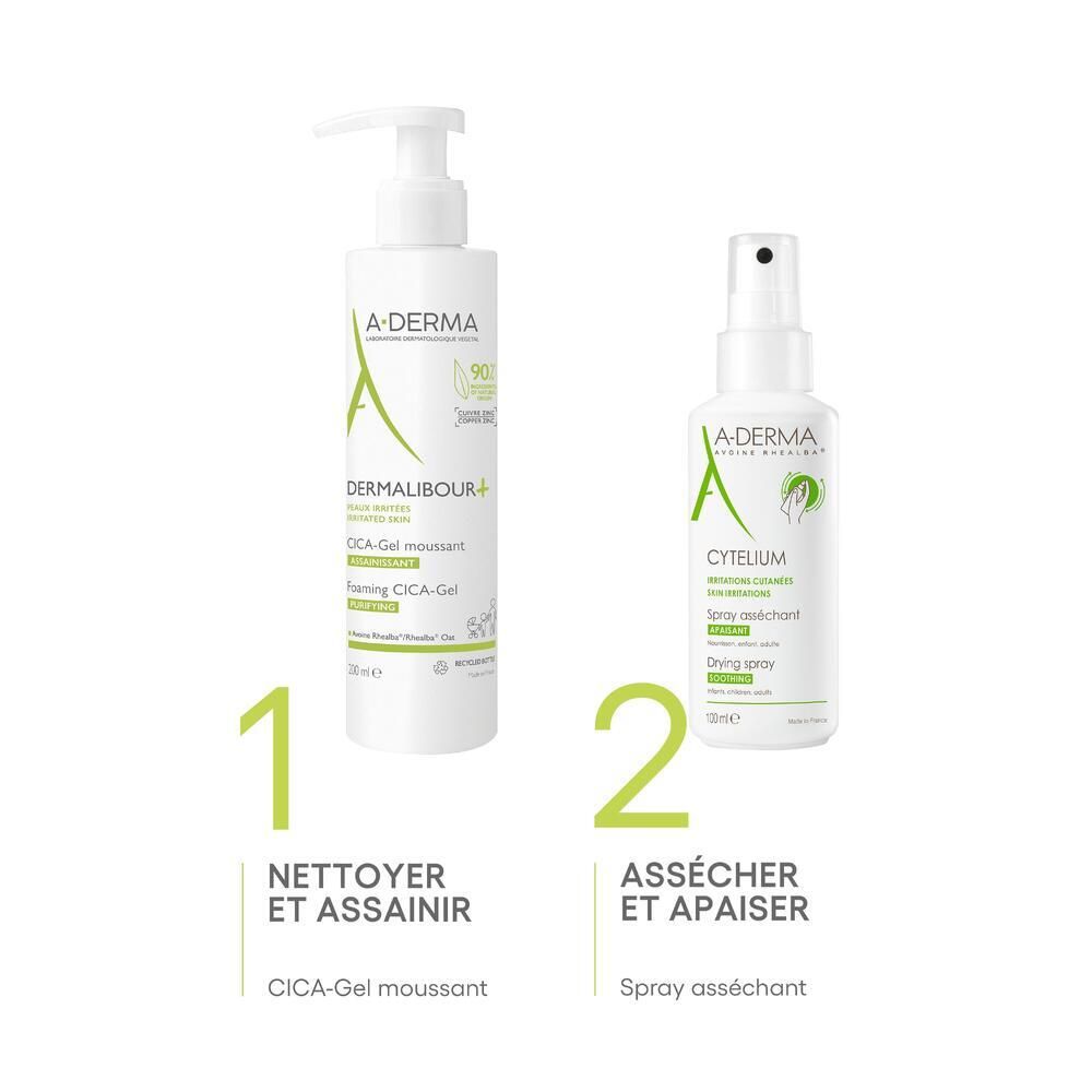 Deux produits A-DERMA. Gauche: Dermalibour+ Cica-Gel. Droite: Spray asséchant CYTELIUM. Texte: Nettoyer et apaiser.