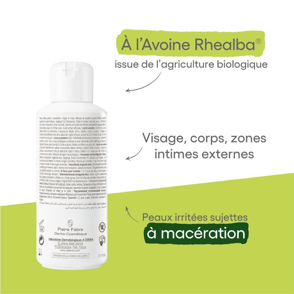 Dos du flacon avec texte et flèches. Texte: À l'Avoine Rhealba, Visage, corps, zones intimes externes, Peaux irritées.