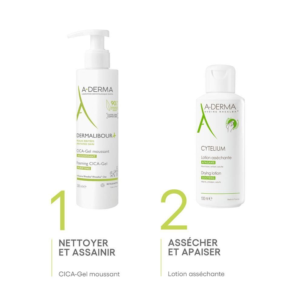 Deux produits côte à côte. Gauche: Dermalibour+ CICA-Gel. Droite: CYTELIUM Lotion asséchante. Texte: Nettoyer et assainir, Assécher et apaiser.