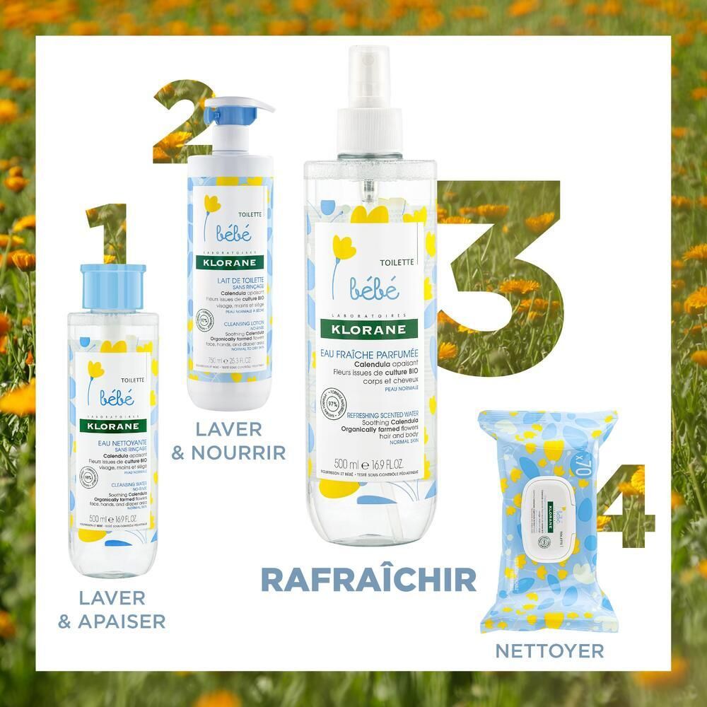 Klorane Bébé-assortiment: Eau Fraîche, wasgel, hydraterende lotion en doekjes. Op gele achtergrond.
