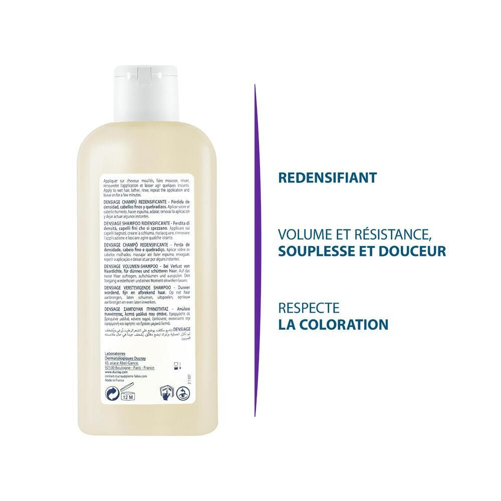Rückseite einer Shampoo-Flasche. Text in Französisch. Informationen zu Volumen und Widerstand.