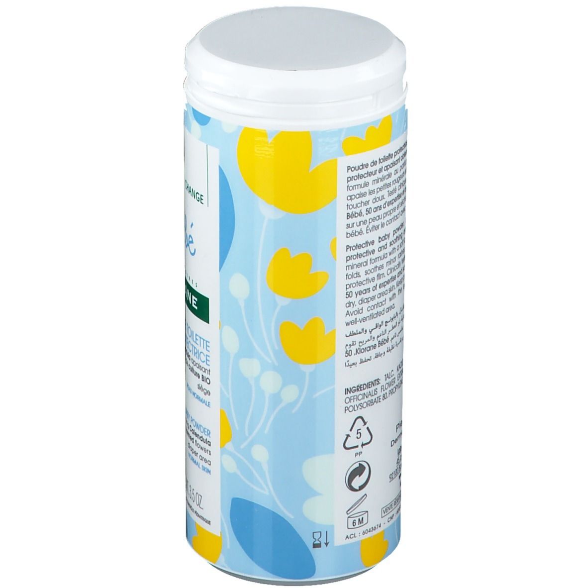 Dos de la boîte avec texte et fleurs jaunes sur fond bleu. Contient des informations sur le produit et les ingrédients.