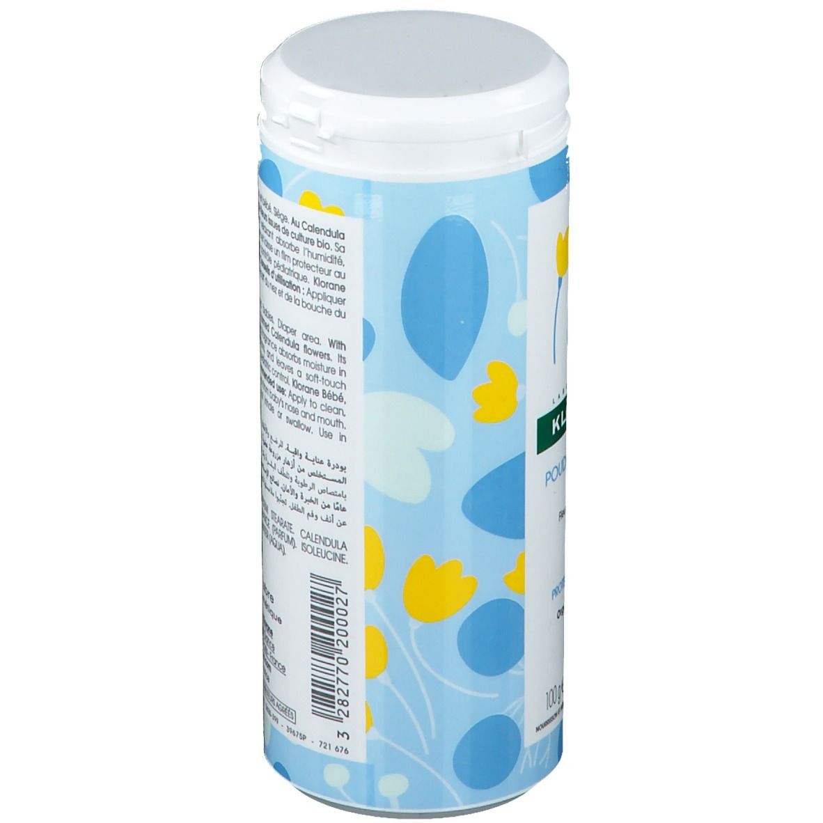 Dos de la boîte avec texte et fleurs jaunes sur fond bleu. Contient des informations sur le produit et les ingrédients.