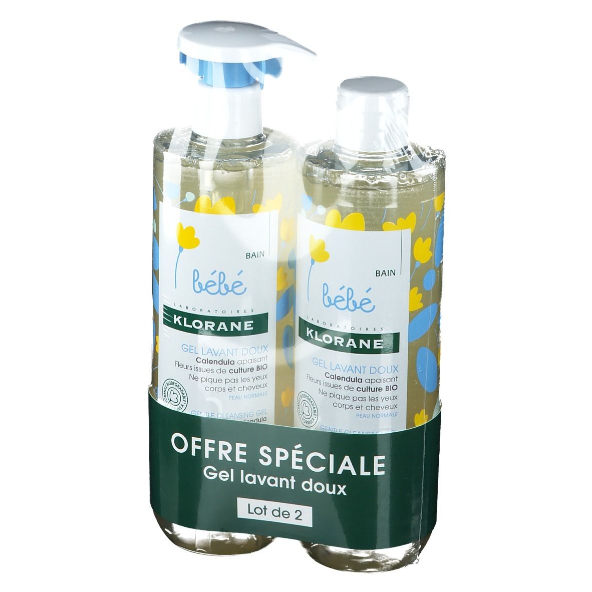 Deux flacons de gel lavant doux Klorane bébé. Un avec pompe. Inscription : "Gel lavant doux". Emballage avec impression.
