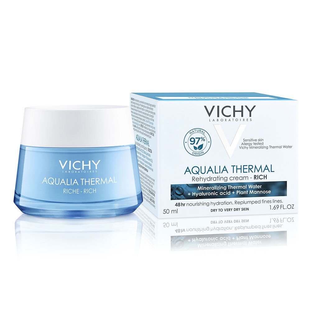 Cremeglas und Schachtel. Blaues Glas mit weißem Deckel. Schachtel: VICHY, AQUALIA THERMAL, 50 ml. 97% natürliche Herkunft.