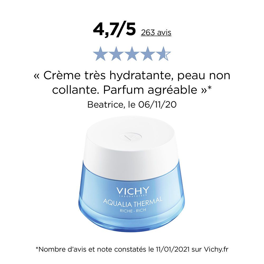 Cremeglas mit Bewertung. Aufschrift: VICHY, AQUALIA THERMAL, RICHE-RICH. Bewertung: 4,7/5 Sterne.