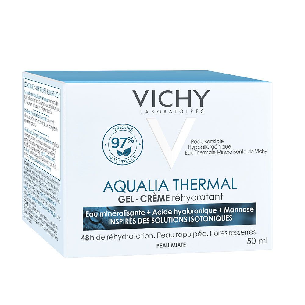Boîte blanche avec dessus bleu. Inscription : VICHY, AQUALIA THERMAL, Gel-Crème réhydratant. 97% ingrédients naturels. 50 ml.