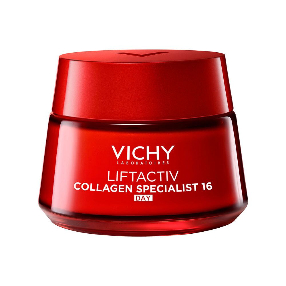 Roter Tiegel VICHY Liftactiv Collagen Specialist 16 Day. Weißer Schriftzug auf rotem Hintergrund.