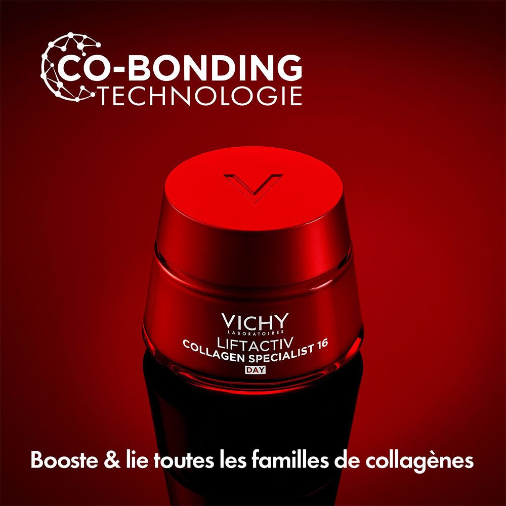 Roter Tiegel VICHY Liftactiv Collagen Specialist 16 Day. Co-Bonding Technologie. Roter Hintergrund.