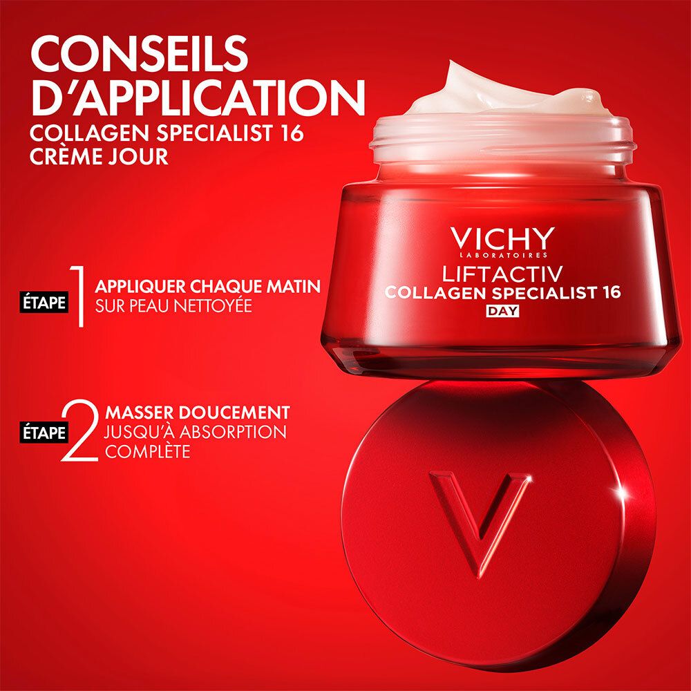 Anwendungshinweise für VICHY Liftactiv Collagen Specialist 16 Day. Roter Tiegel und Creme.