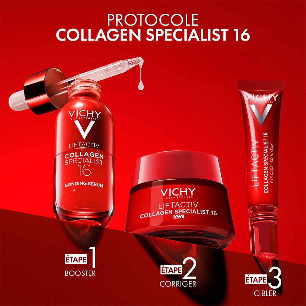 Vichy Liftactiv Collagen Specialist Produkte: Serum, Creme und Augenpflege. Roter Hintergrund.
