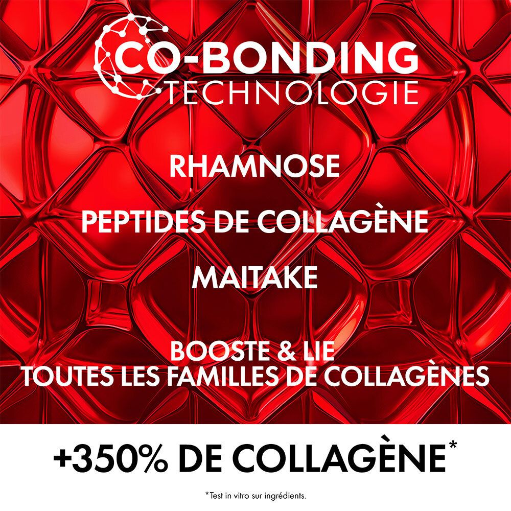 Inhaltsstoffe: Rhamnose, Kollagenpeptide, Maitake. Co-Bonding Technologie. Roter Hintergrund.