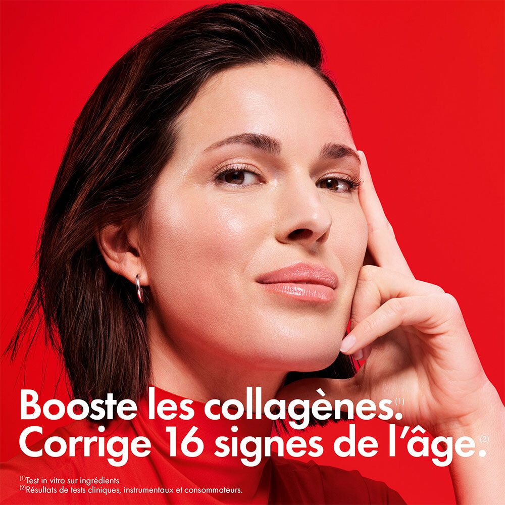 Frau mit Gesicht. VICHY Liftactiv Collagen Specialist. Reduziert Falten, korrigiert 16 Zeichen.
