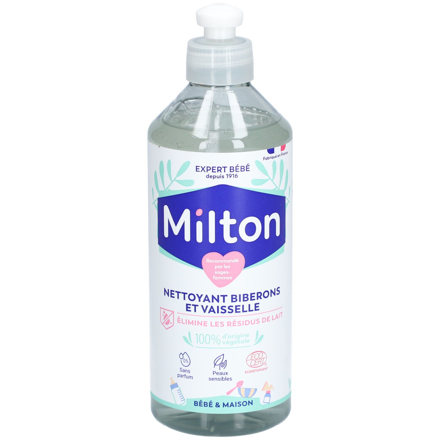 Flacon Milton, nettoyant biberons et vaisselle. Étiquette blanche et bleue. Ingrédients d'origine végétale. Sans parfum, peaux sensibles.