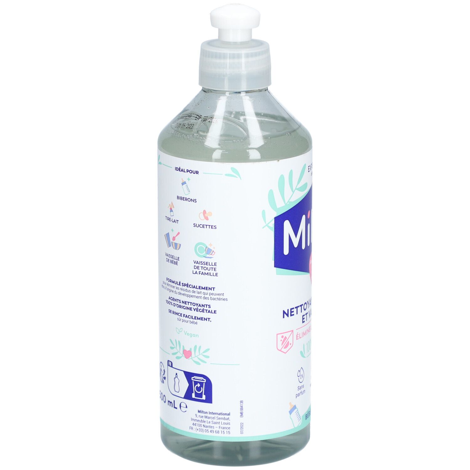 Dos du flacon Milton. Nettoie biberons, tétines, vaisselle. Formule spéciale. 500 ml. Illustrations d'utilisation.