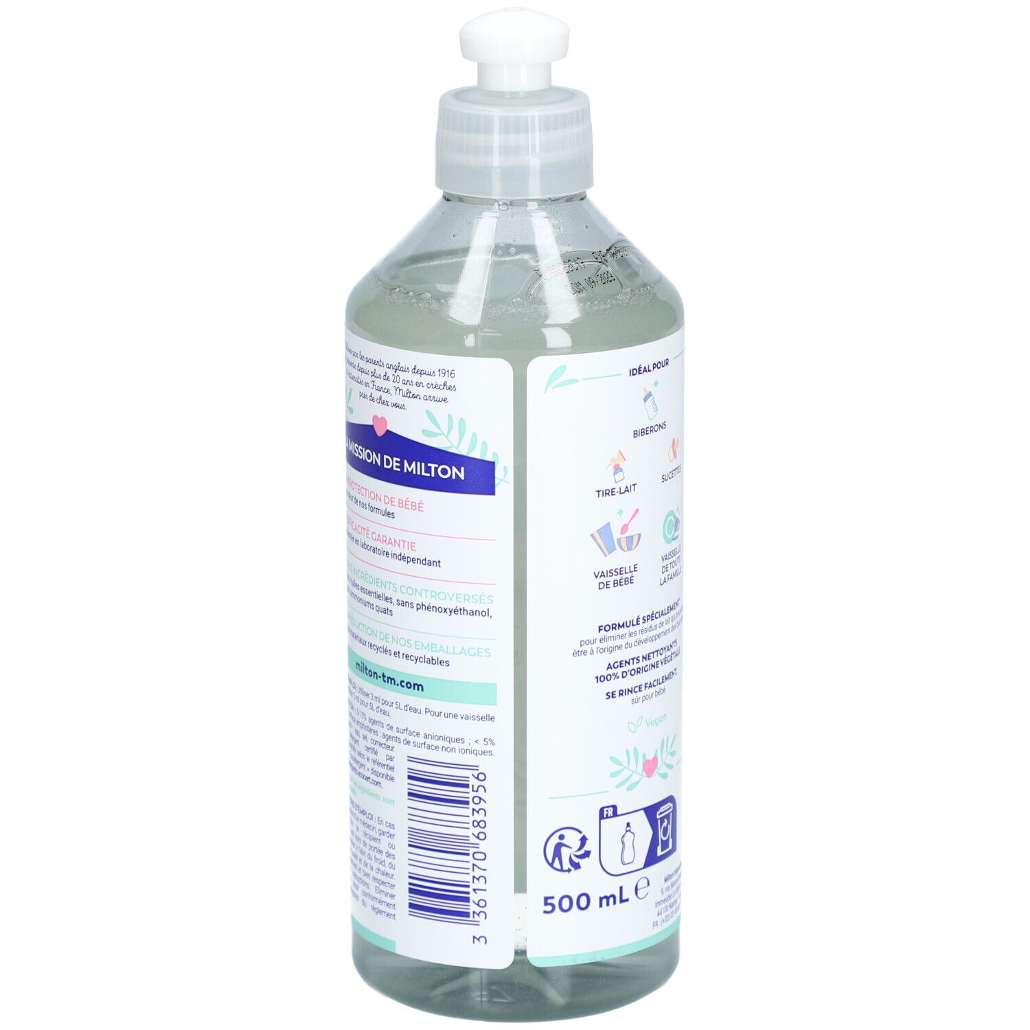 Dos du flacon Milton. Mission Milton. 500 ml. Code-barres. Informations sur la composition.