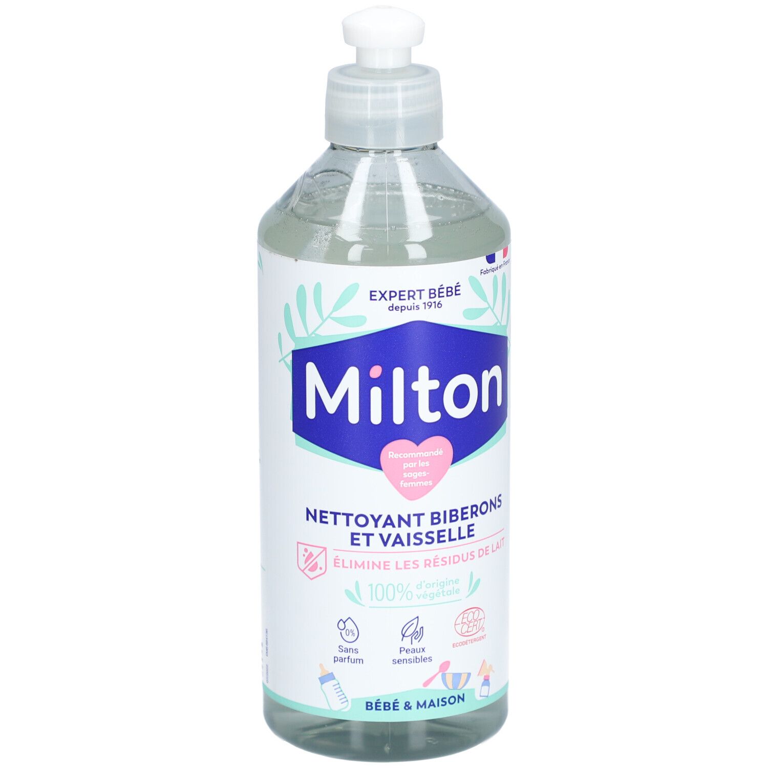 Flacon Milton, nettoyant biberons et vaisselle. Étiquette blanche et bleue. Ingrédients d'origine végétale. Sans parfum, peaux sensibles.