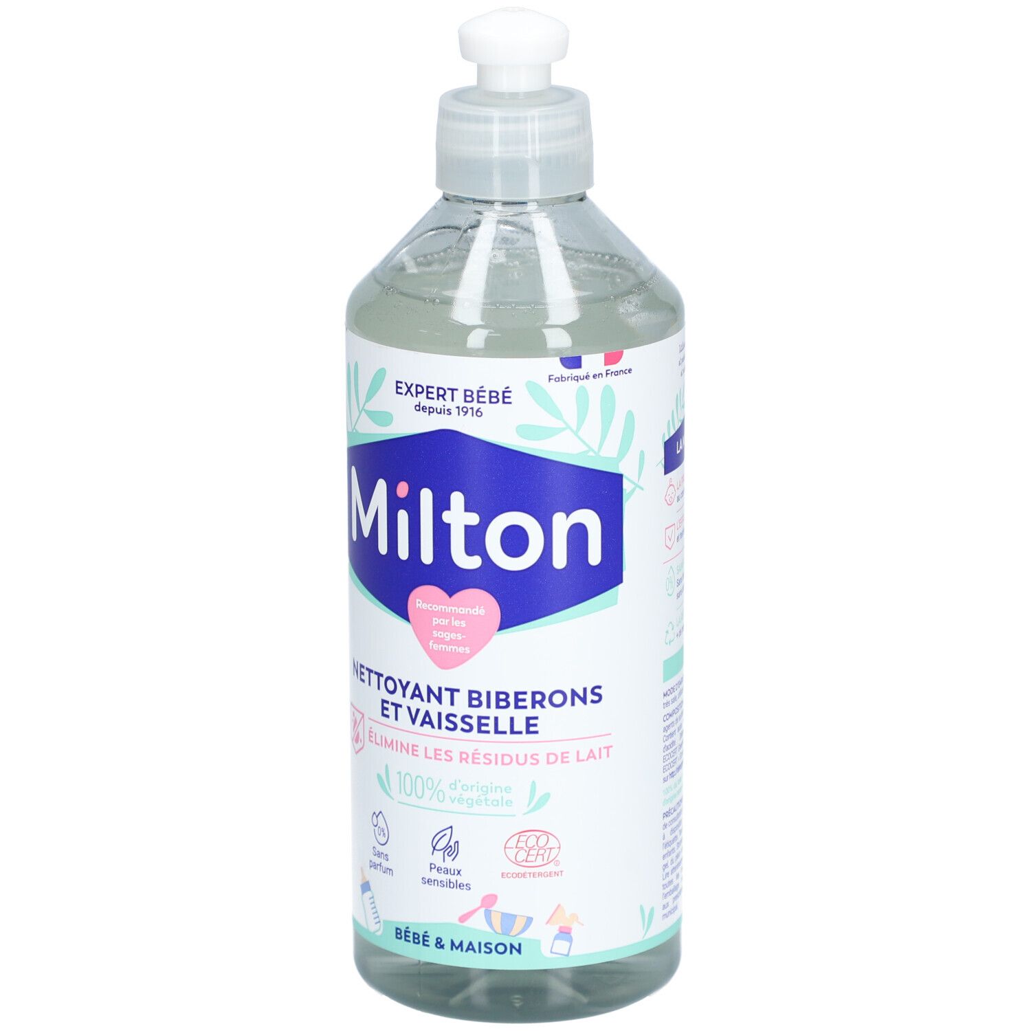 Flacon Milton, nettoyant biberons et vaisselle. Étiquette blanche et bleue. Ingrédients d'origine végétale. Sans parfum, peaux sensibles.