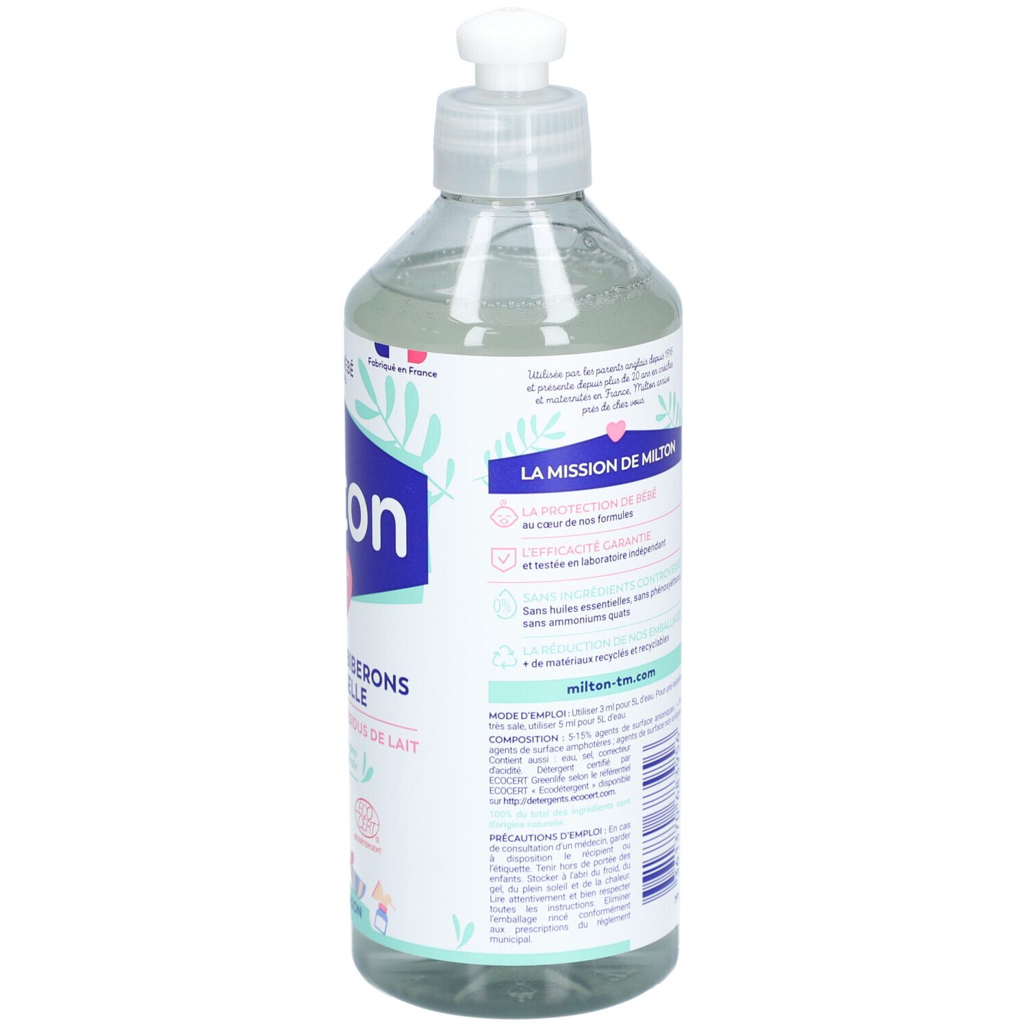 Dos du flacon Milton. Mission Milton. 500 ml. Code-barres. Informations sur la composition.