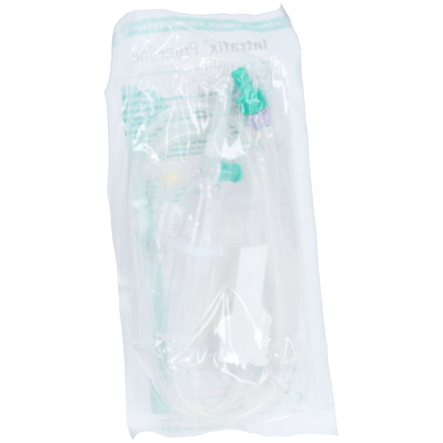 Dispositif de perfusion emballé. Tubes et connecteurs transparents dans un emballage plastique.