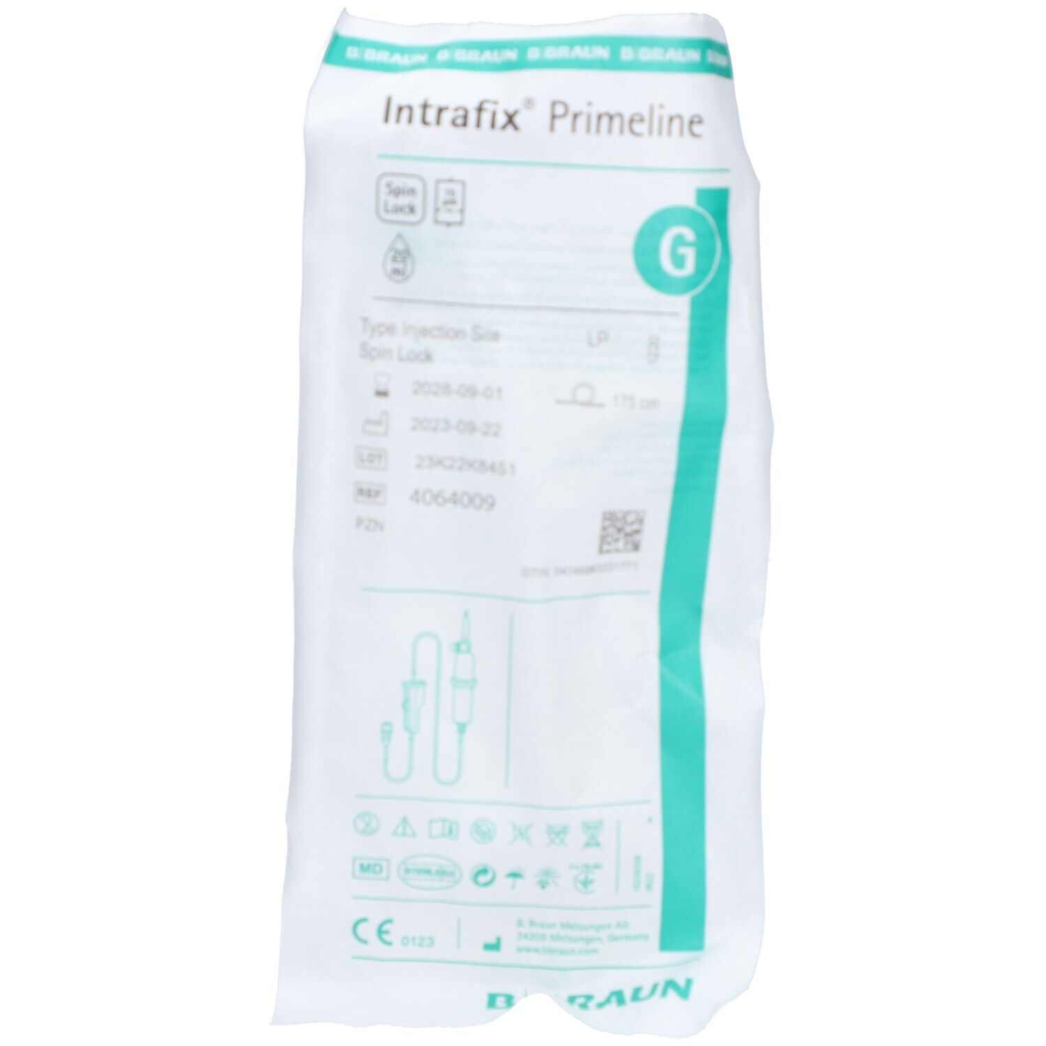 Emballage avec informations produit. Texte: Intrafix Primeline, Type Injection Six, Spin Lock. Emballage vert et blanc.