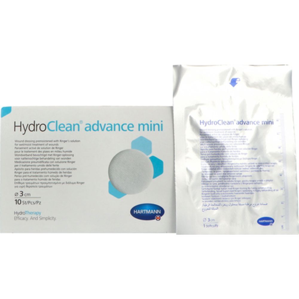 Emballage et sachet individuel HydroClean advance mini. Compresse ronde, diamètre 3 cm. Logo Hartmann.