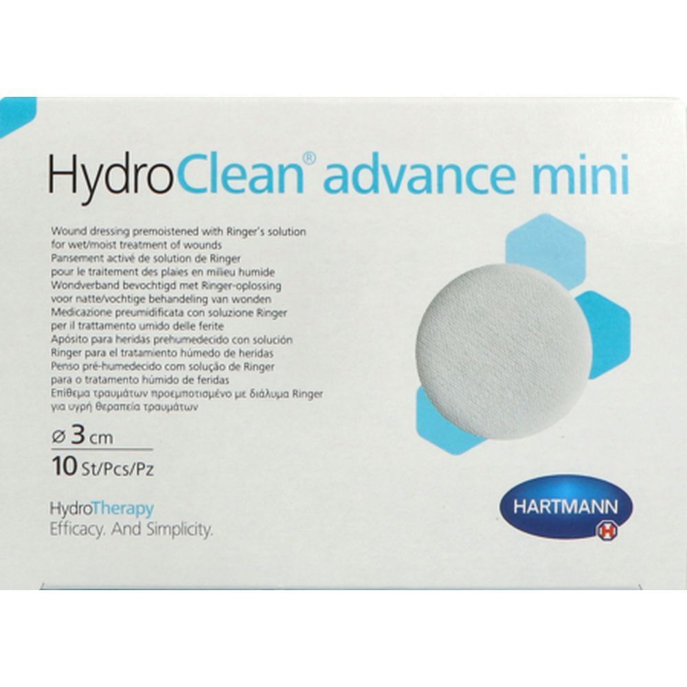 Emballage HydroClean advance mini. Compresse ronde, diamètre 3 cm. 10 pièces par paquet. Logo Hartmann.
