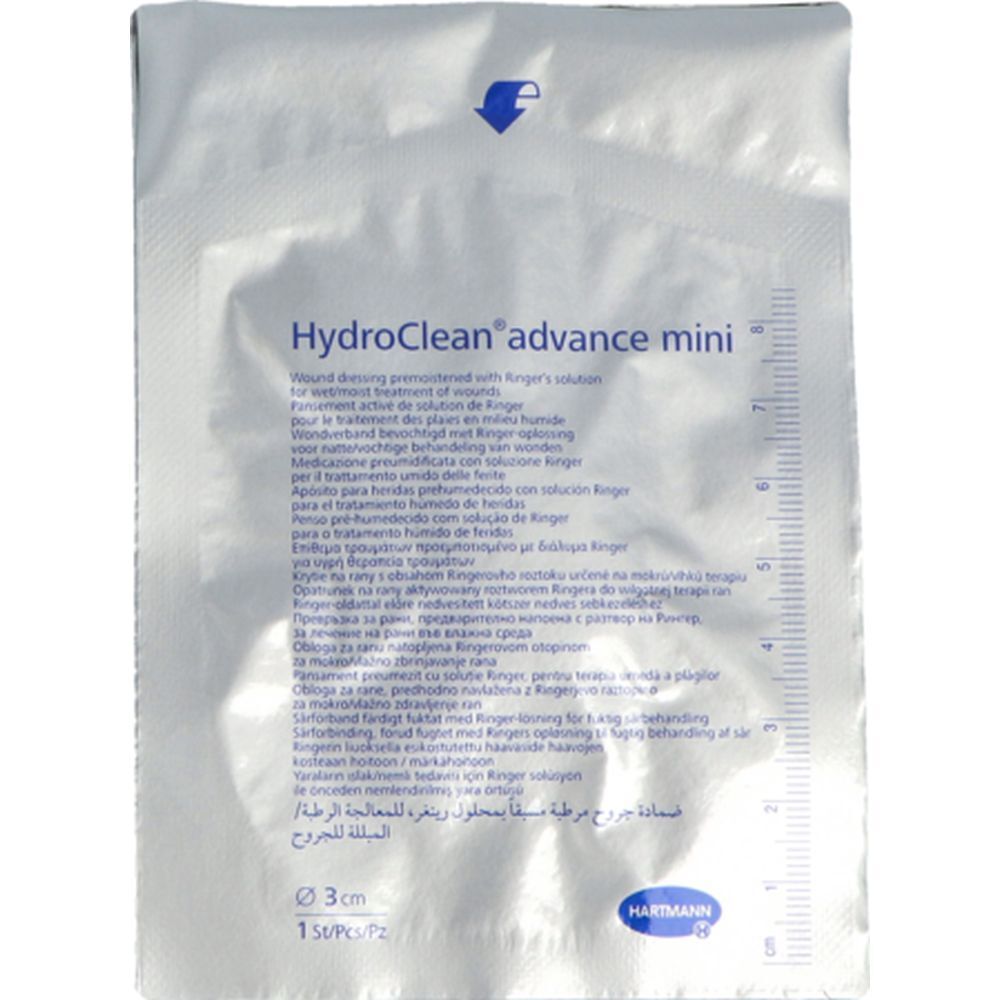 Sachet individuel HydroClean advance mini. Compresse ronde, diamètre 3 cm. Logo Hartmann et échelle.